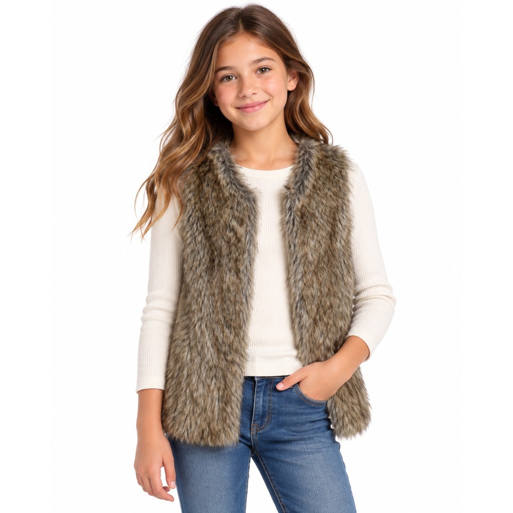 Wonder Nation Faux Fur Knit Back Vest Girls Size L 10-12 Brown Tan Layering